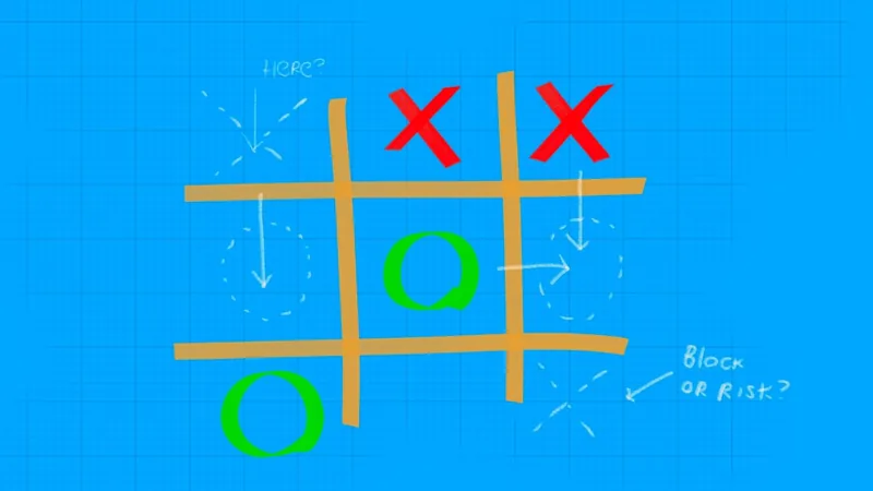 Hand drawn tic tac toe board on blue background with two red crosses, green noughts and notes Here? and Block or risk?