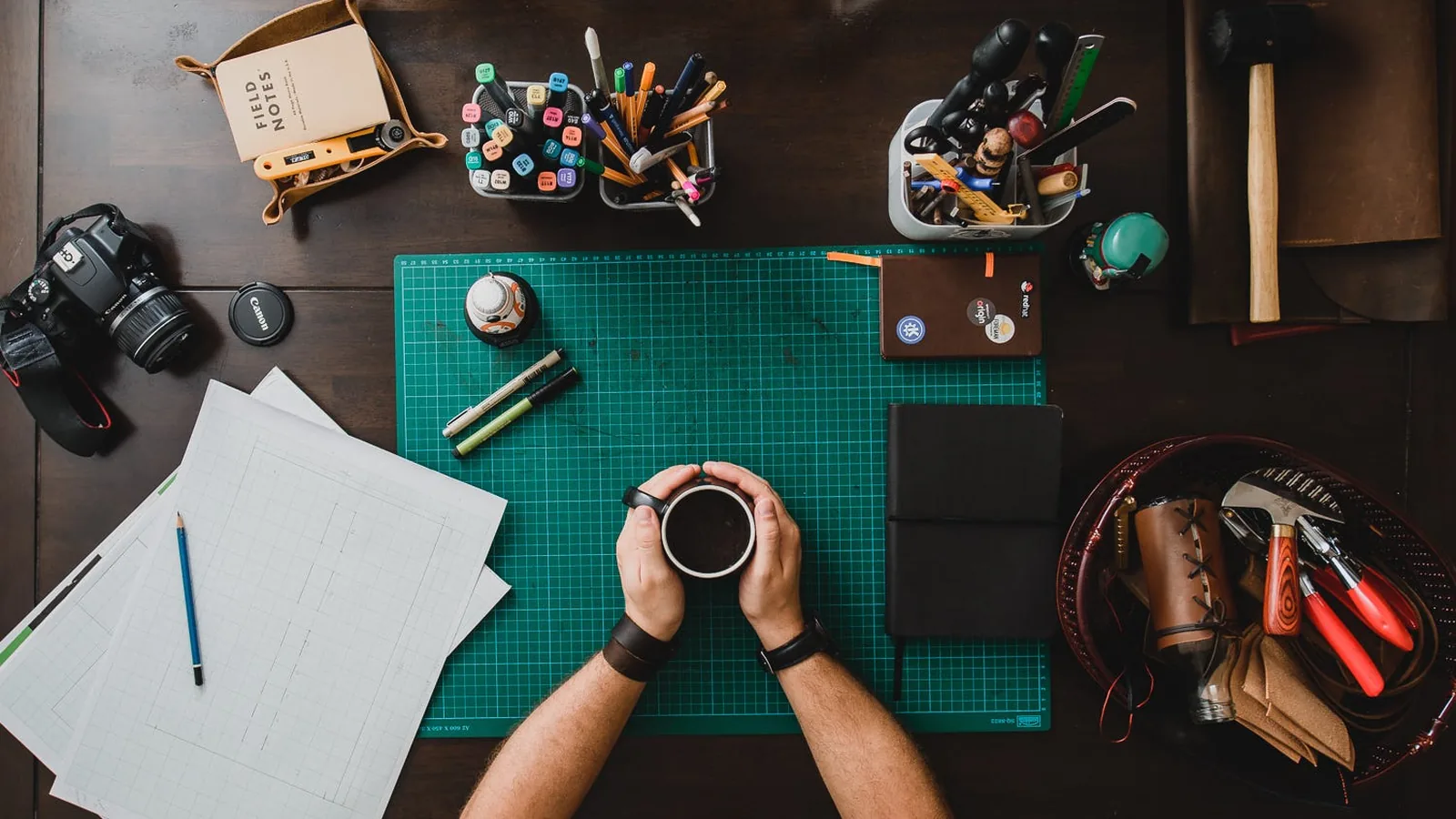A desk seen from above with a camera, pens, tools and two hands around a cup of coffee