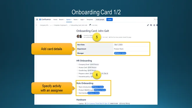 Slide «Onboarding Card 1/2»: a Confluence page «Onboarding Card: John Galt» with start date December 1, 2023, department Product Team and a manager, followed by HR Onboarding and Role Onboarding checklists with assignees.