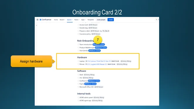 Slide «Onboarding Card 2/2»: the lower part of the same Confluence page with Hardware, Software and Internal tools sections. The hardware block lists a Lenovo ThinkPad X1 Gen 10 and a Logitech MX Master 3S, both marked Ready to use.