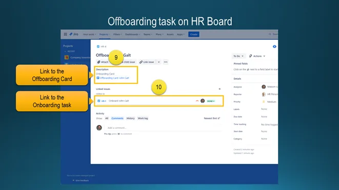 Slide «Offboarding task on HR Board»: a Jira ticket with a description linking to the Offboarding Card in Confluence and a linked issue pointing to the closed onboarding task.