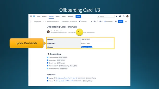 Slide «Offboarding Card 1/3»: a Confluence page «Offboarding Card: John Galt» with end date April 18, 2025, department and manager, followed by the HR and Hardware checklists with all boxes ticked.
