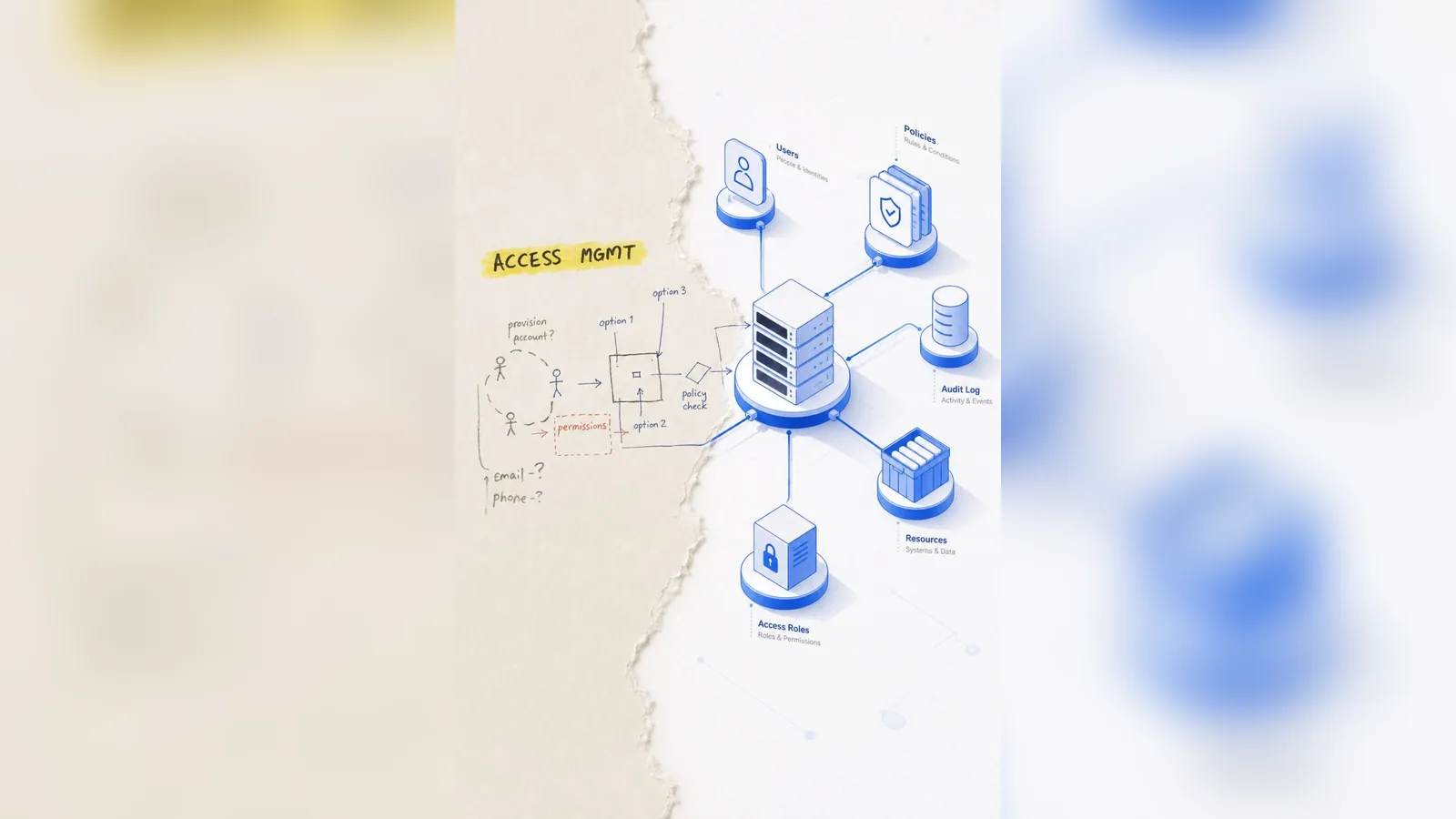 A pen sketch of an access management diagram on paper, beside a printed network map