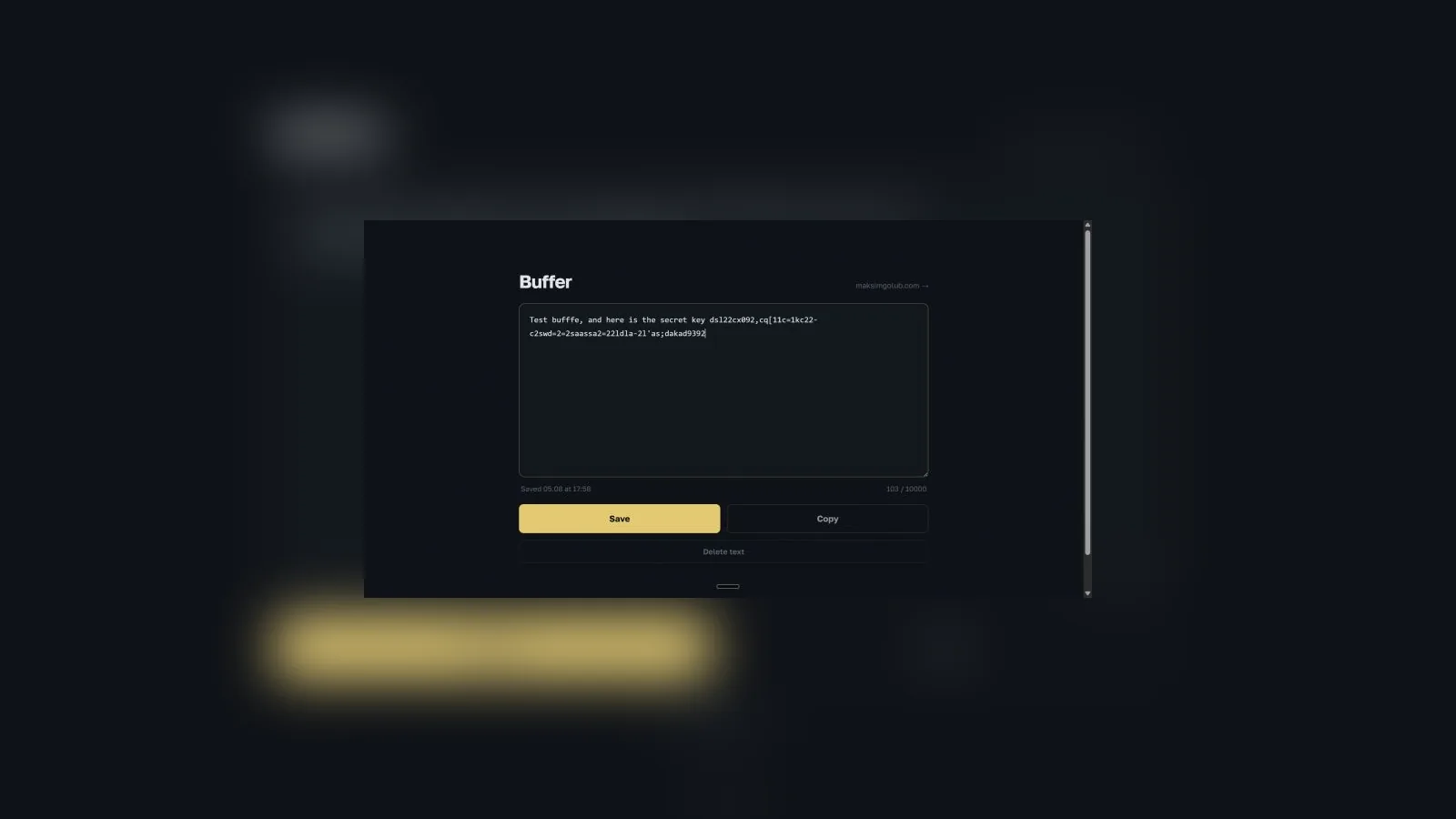 The Buffer clipboard tool with a test string in the text area and a save button