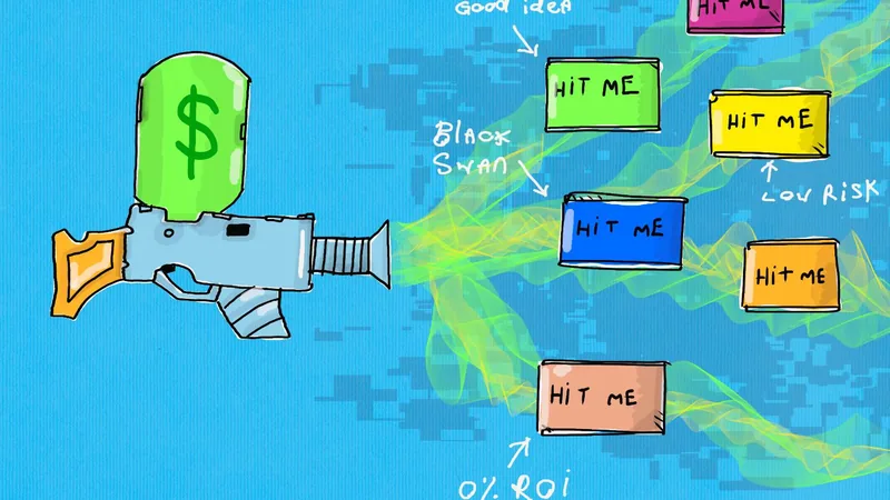 Hand drawn money gun firing at floating buttons labelled Hit me, with notes good idea, black swan, low risk and 0% ROI