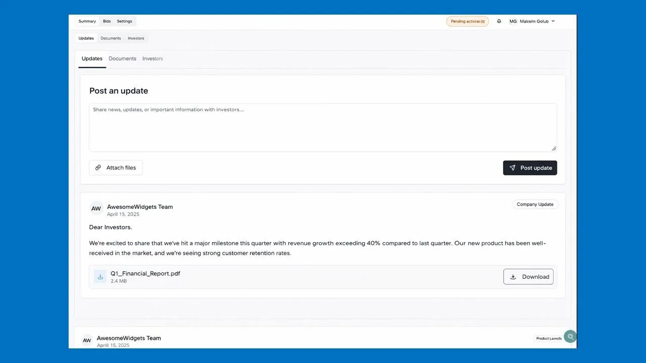 Prototype of the updates feed: a Post an update field with attach files button and a published company update from the AwesomeWidgets team about revenue growth over 40 percent with an attached Q1 financial report