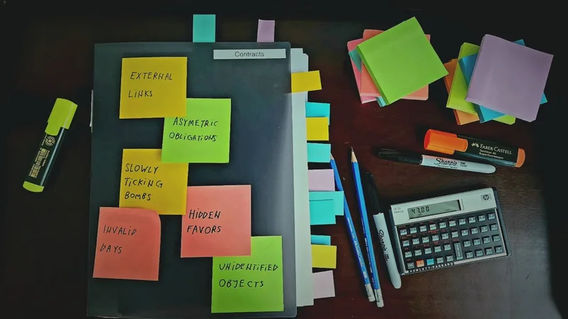 A contracts folder on a desk covered with handwritten sticky notes: external links, asymetric obligations, slowly ticking bombs, invalid days, hidden favors, unidentified objects