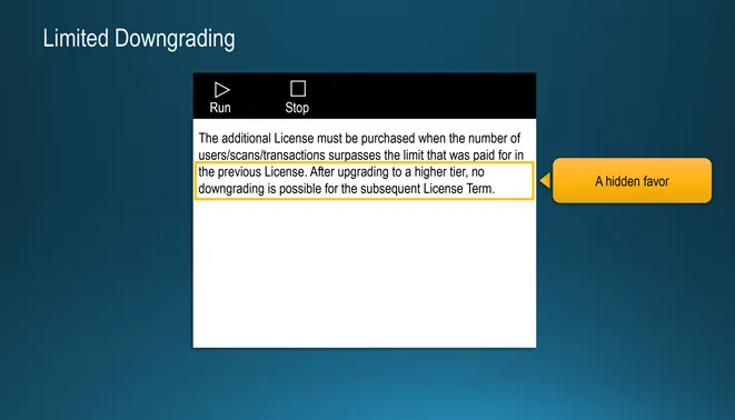Slide «Limited Downgrading»: a clause stating that after upgrading to a higher tier no downgrading is possible for the subsequent license term.