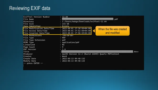 Slide «Reviewing EXIF data»: ExifTool console output for a PDF file, with file modification, access and creation timestamps of August 1, 2023 highlighted.