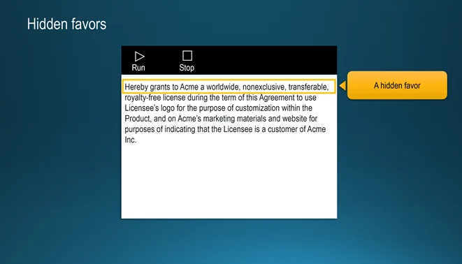 Slide «Hidden favors»: a clause granting the vendor a worldwide, nonexclusive, transferable, royalty-free license to use the licensee logo in marketing materials, marked «A hidden favor».
