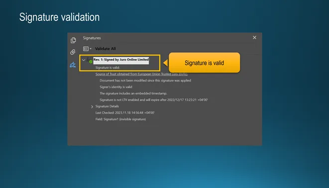 Slide «Signature validation»: the Signatures panel of a PDF reader showing a valid signature, an unmodified document, a verified signer identity and an embedded timestamp.