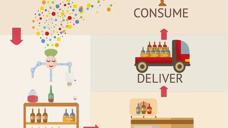 A diagram of a cycle: produce, store, deliver, consume, generate