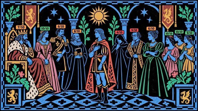 Illustration of a court scene where every figure carries a score out of ten