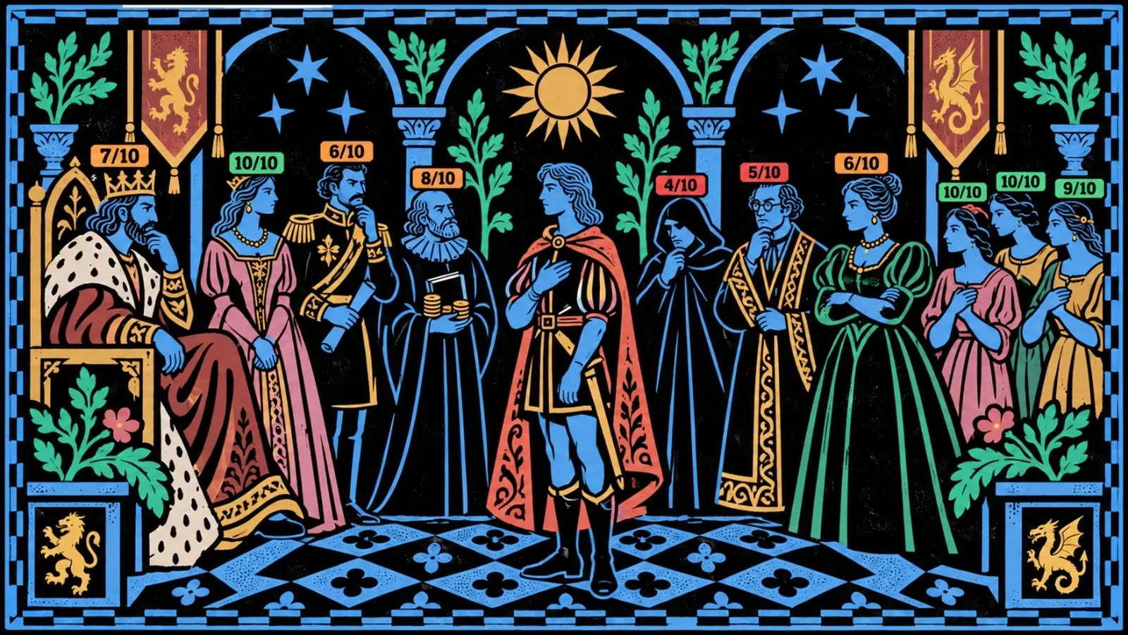 Illustration of a court scene where every figure carries a score out of ten