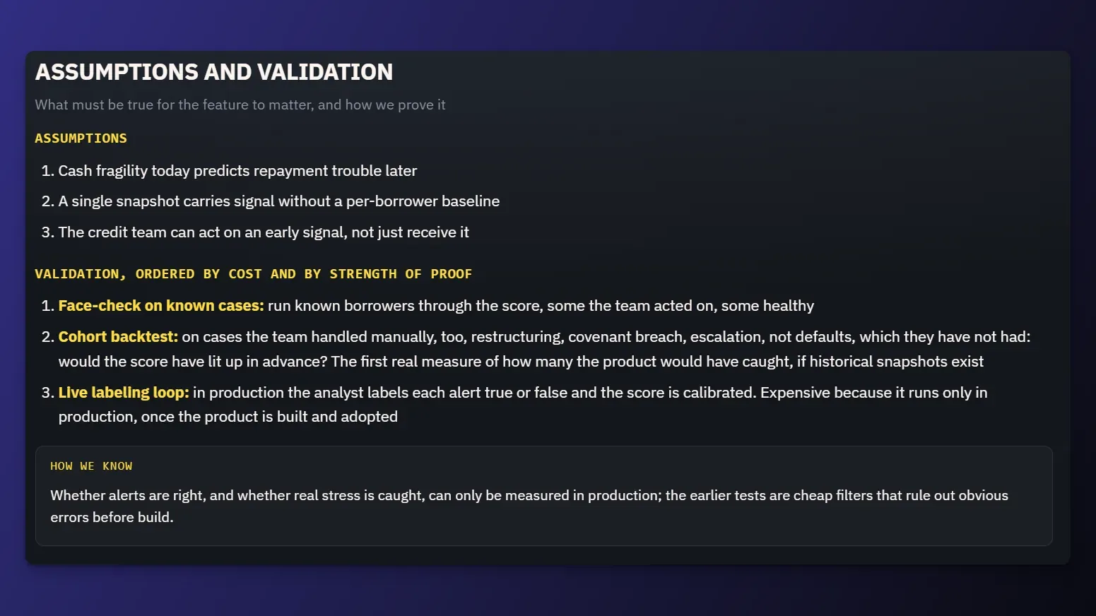 Assumptions and validation: three assumptions and three validation steps ordered by cost and strength of proof