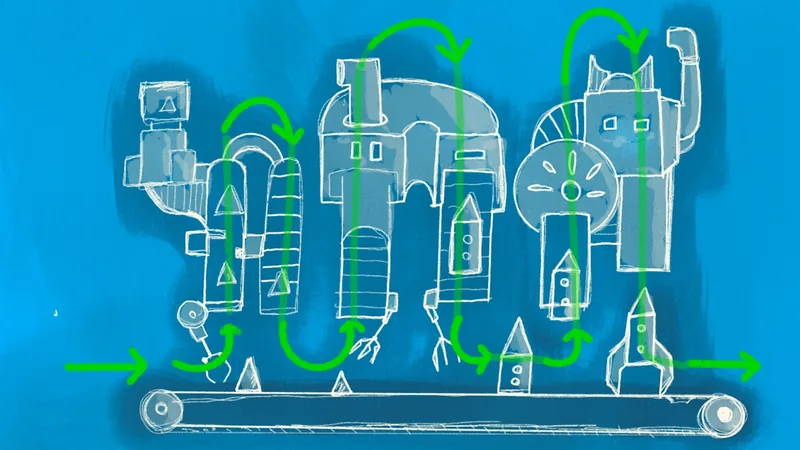 A drawn conveyor on a blue background: a part travels along the belt through three machines, green arrows show its route, and a finished rocket comes out at the end