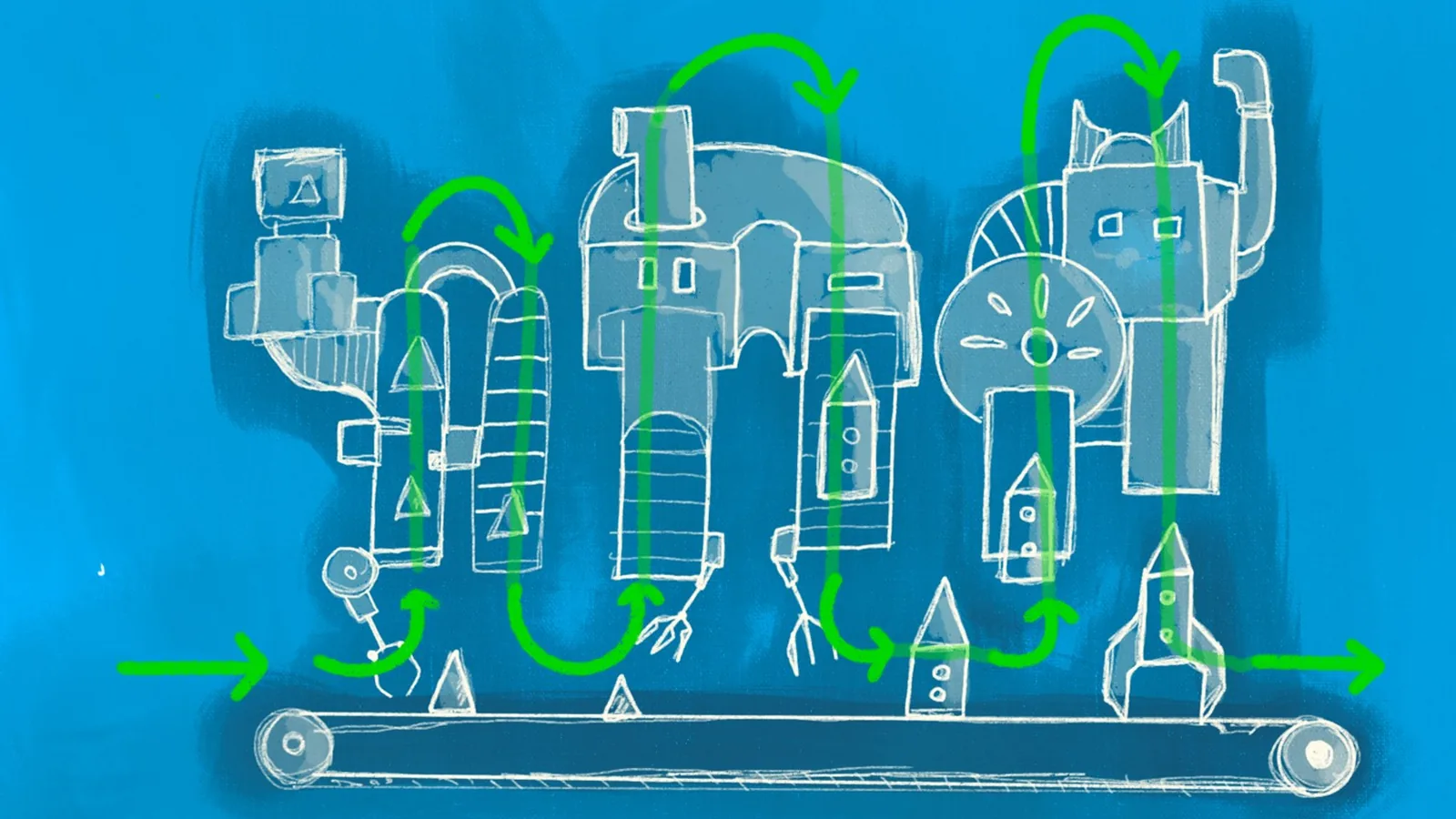 A drawn conveyor on a blue background: a part travels along the belt through three machines, green arrows show its route, and a finished rocket comes out at the end