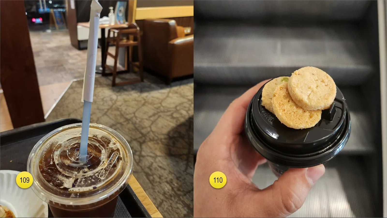 Drinks normally would be served with a straw that has remaining part of the paper package from the top side, so that