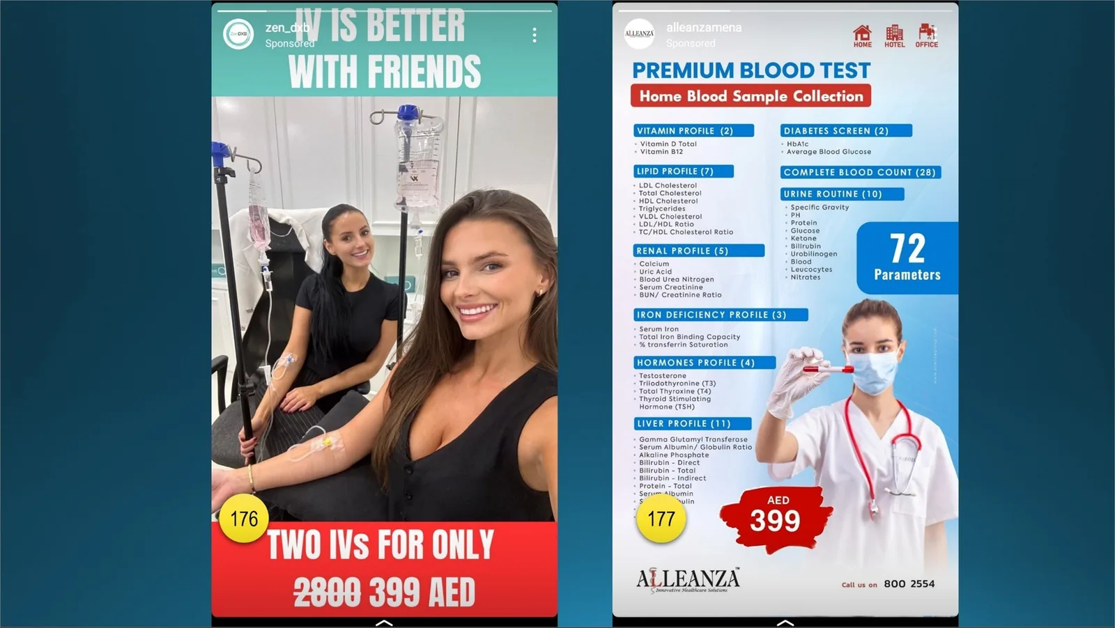 There are interesting ads that you can spot on Instagram: You may go for Intravenous Therapy (176) or get a full test