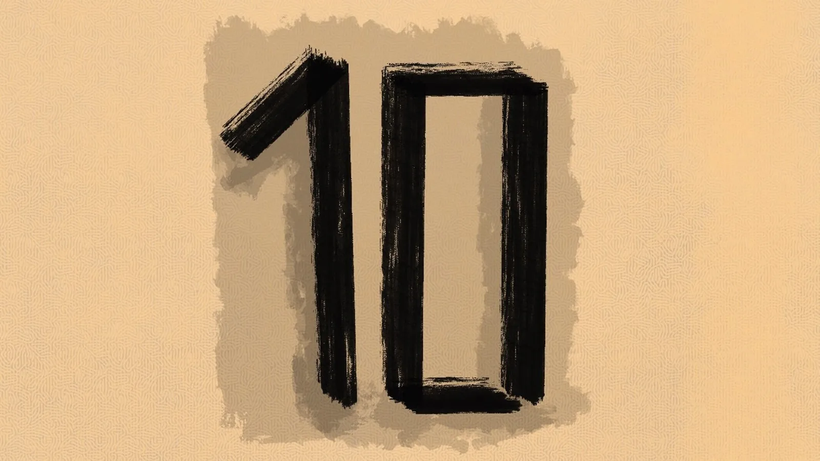 Hand-brushed number 10 in black ink on a beige paper background, the cover of the article about ten national project techniques