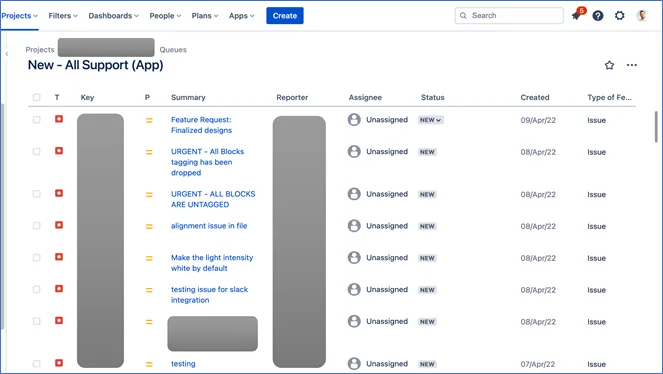 Jira queue New, All Support (App): a list of unassigned issues dated April 2022, including feature requests and urgent tagging problems