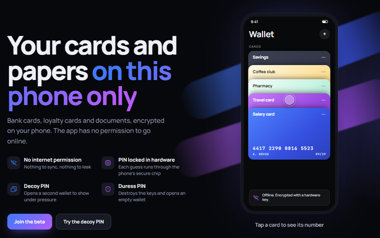Cardico landing: a phone with a stack of bank and loyalty cards