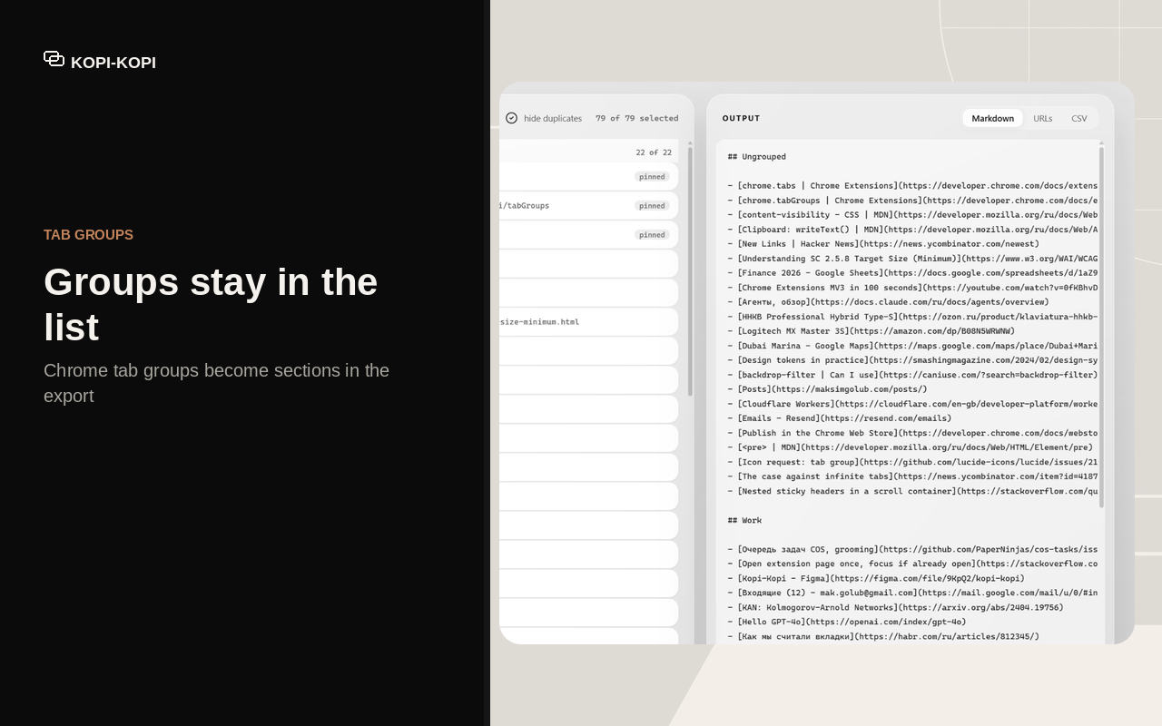 Tabs sorted under their Chrome tab group headings