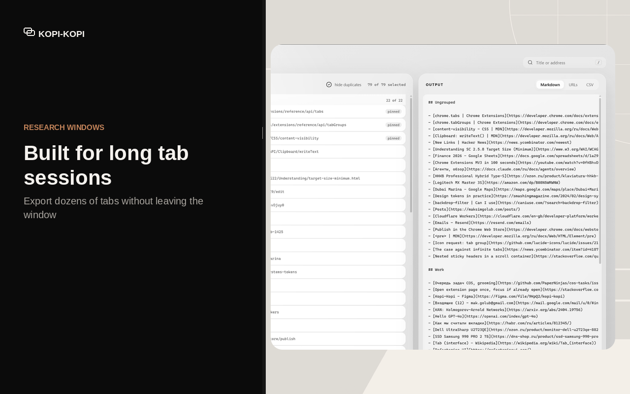 A window of 79 tabs listed in Kopi-Kopi