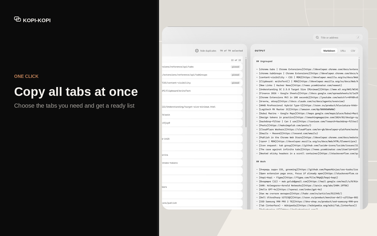 Kopi-Kopi listing every tab of a Chrome window next to the Markdown it produces